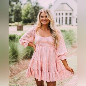 Mable Gingham Puff Sleeve Smocked Mini Dress Peach Rust Small